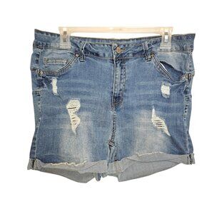 Wax Jean Womens 2XL Distressed Denim Shorts Medium Wash Stretch Cuffed